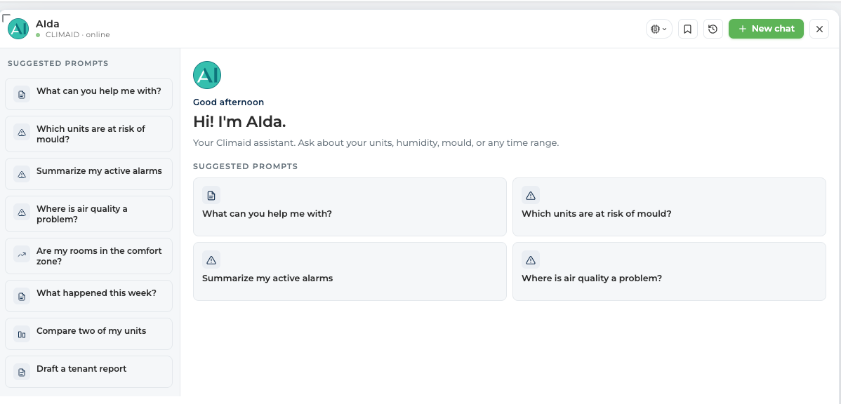CLIMAID INSIGHT — overview with readings, alarms and the Aida panel