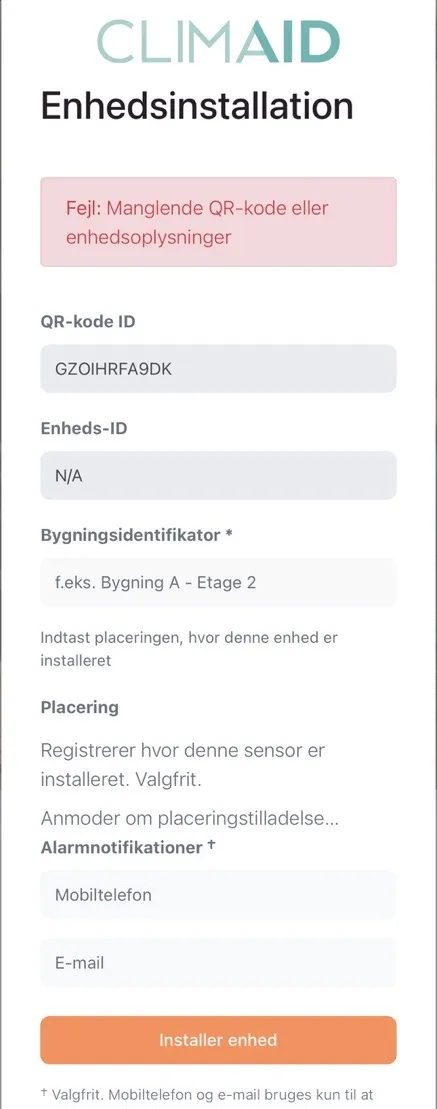 Skærmbilledet Enhedsinstallation i CLIMAID-appen